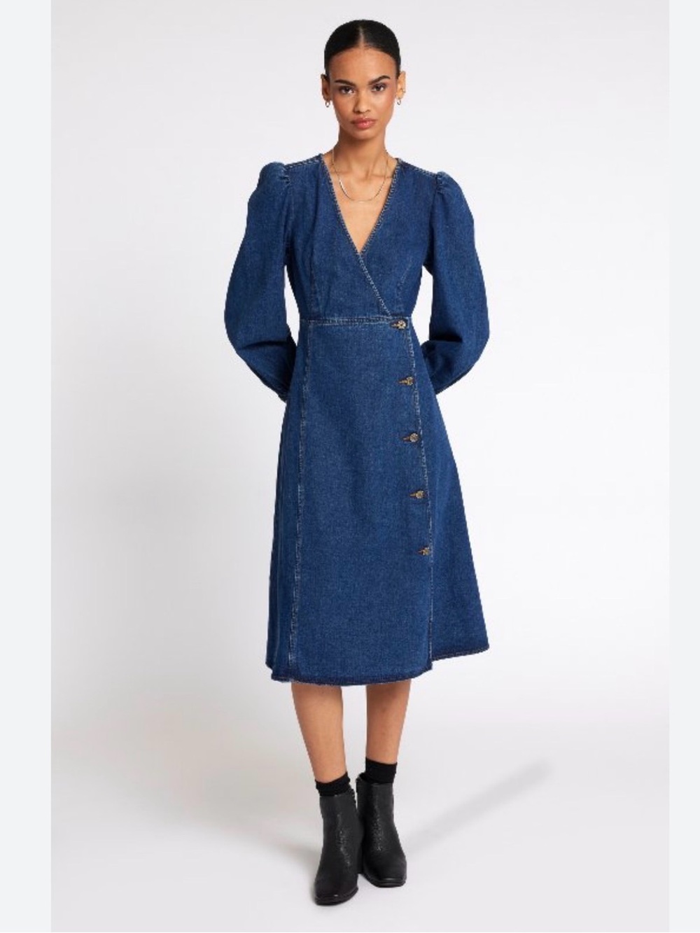 Joie Blue Denim Wrap Midi Dress with Puff Sleeves